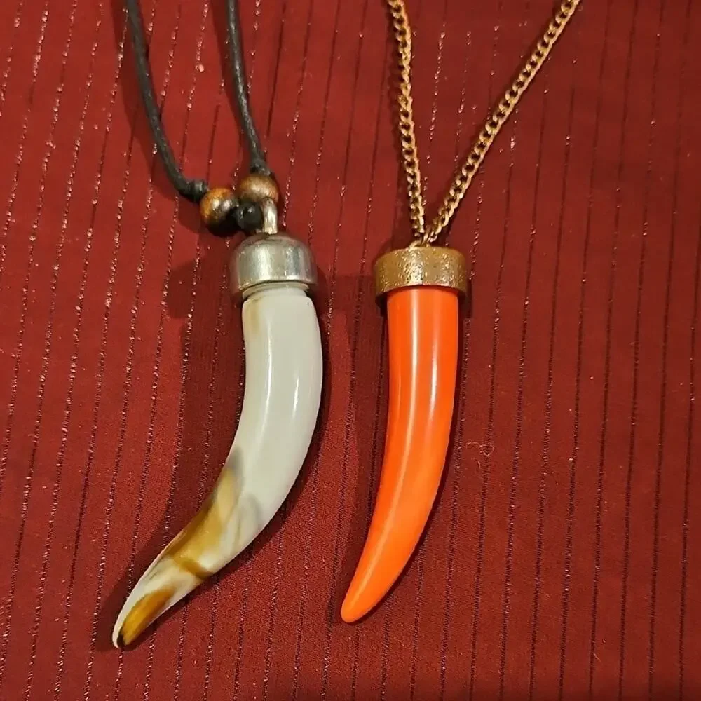 2 Orange and White Tusk Pendant Necklaces